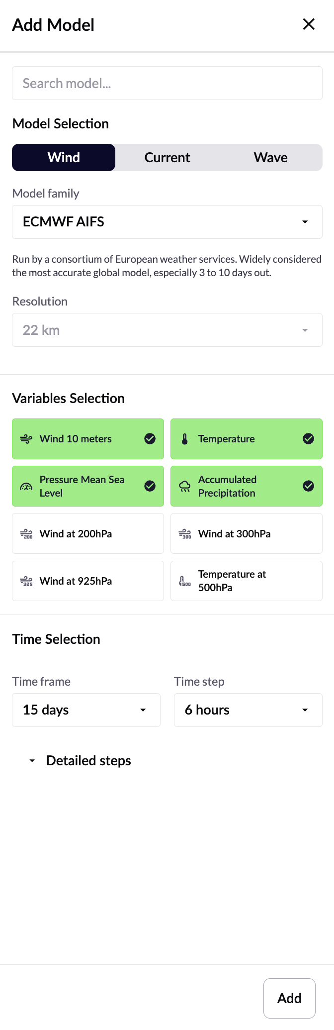 The Add Model panel with model family, resolution, variable and time selection, and an Add button