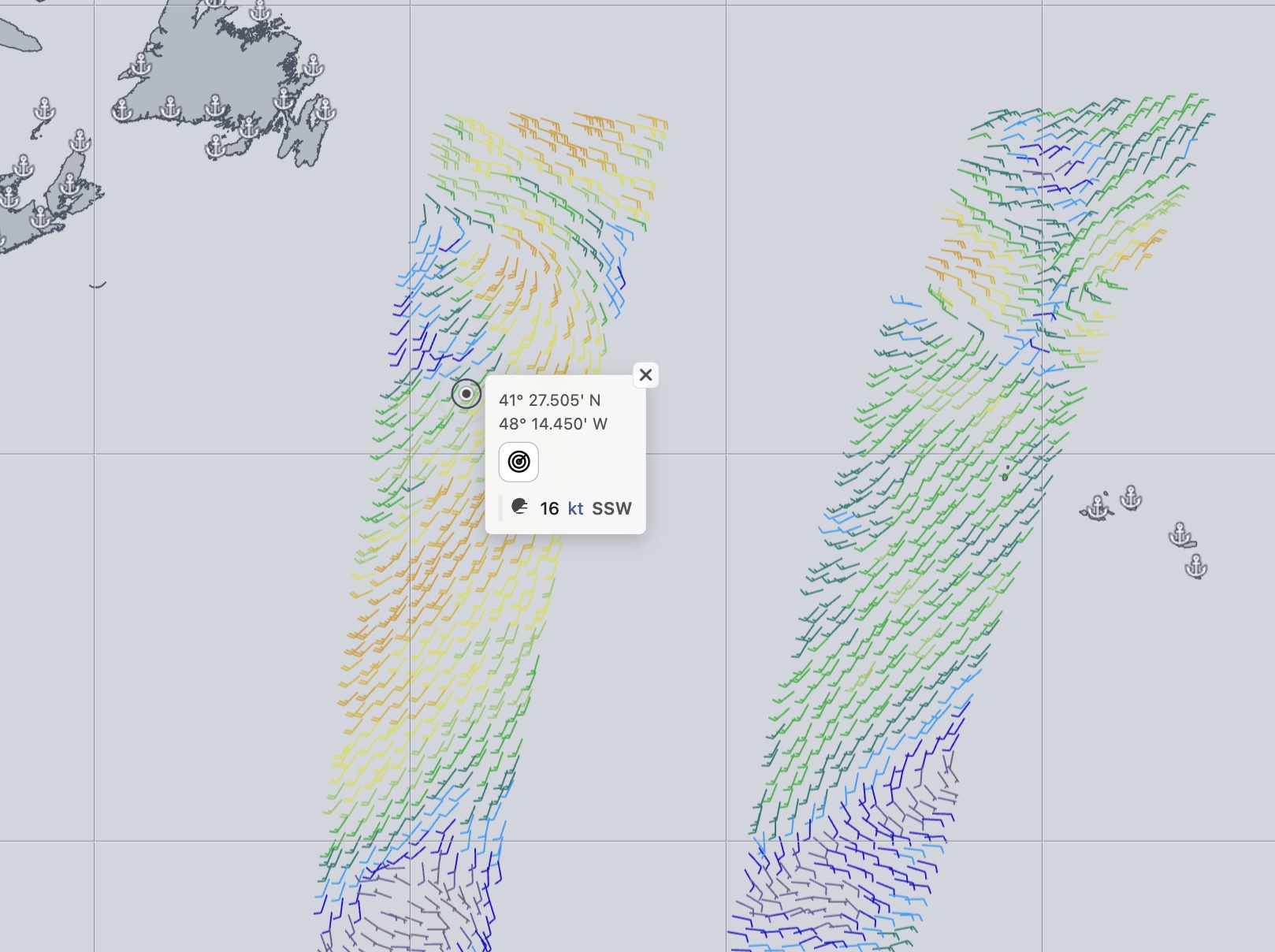 ASCAT wind barb swaths on the map, with a probed point showing 16 kt SSW