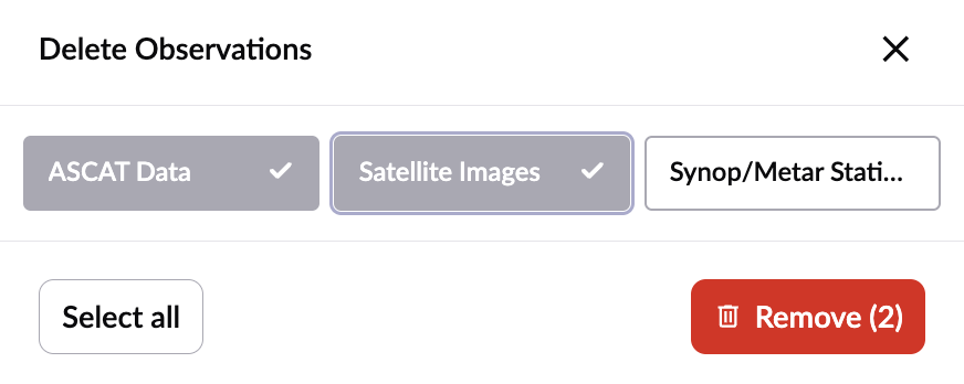 The Delete Observations screen, with ASCAT Data and Satellite Images selected and a Remove action