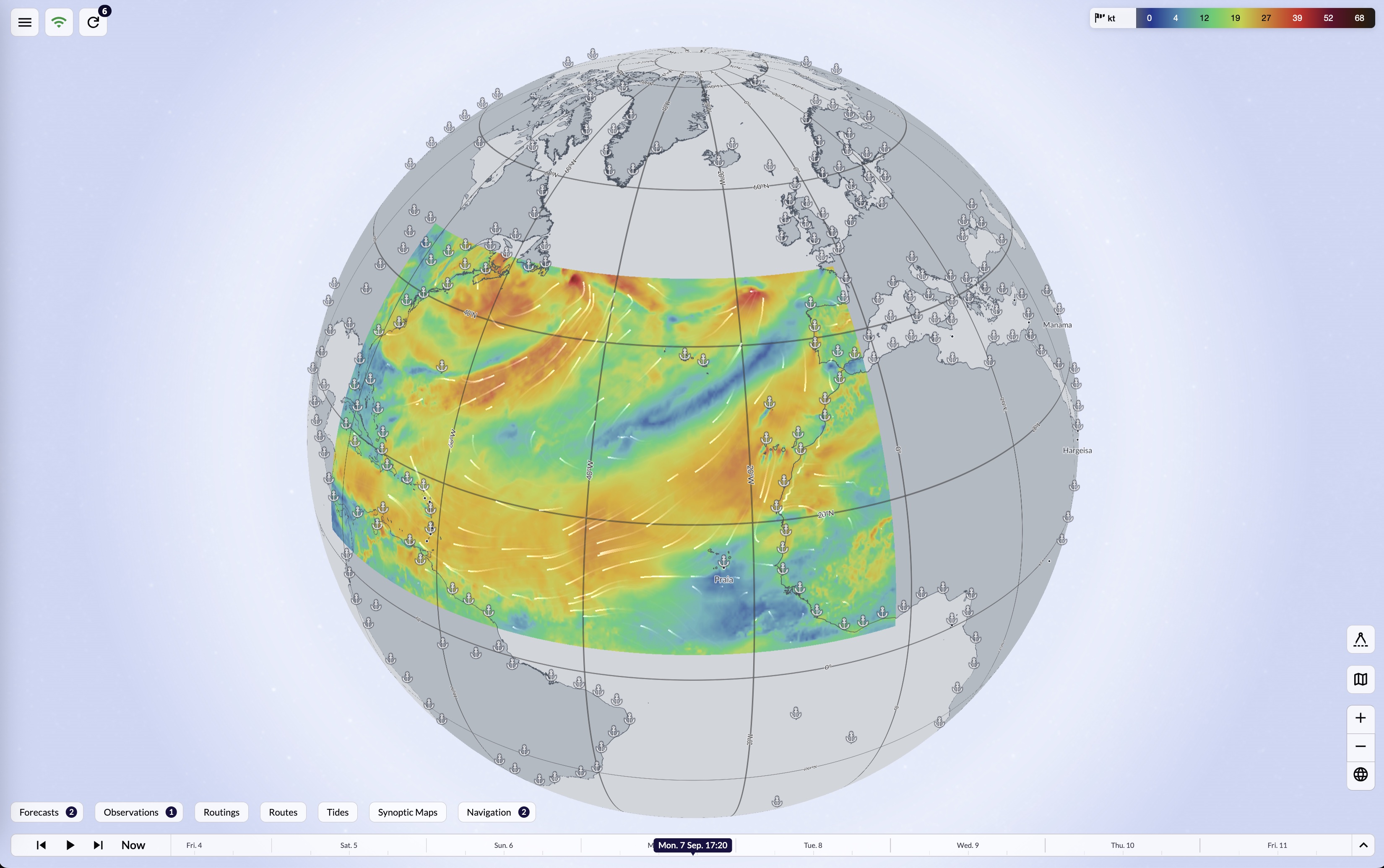 The map in Globe (three-dimensional) projection, showing a wind heatmap with streamlines
