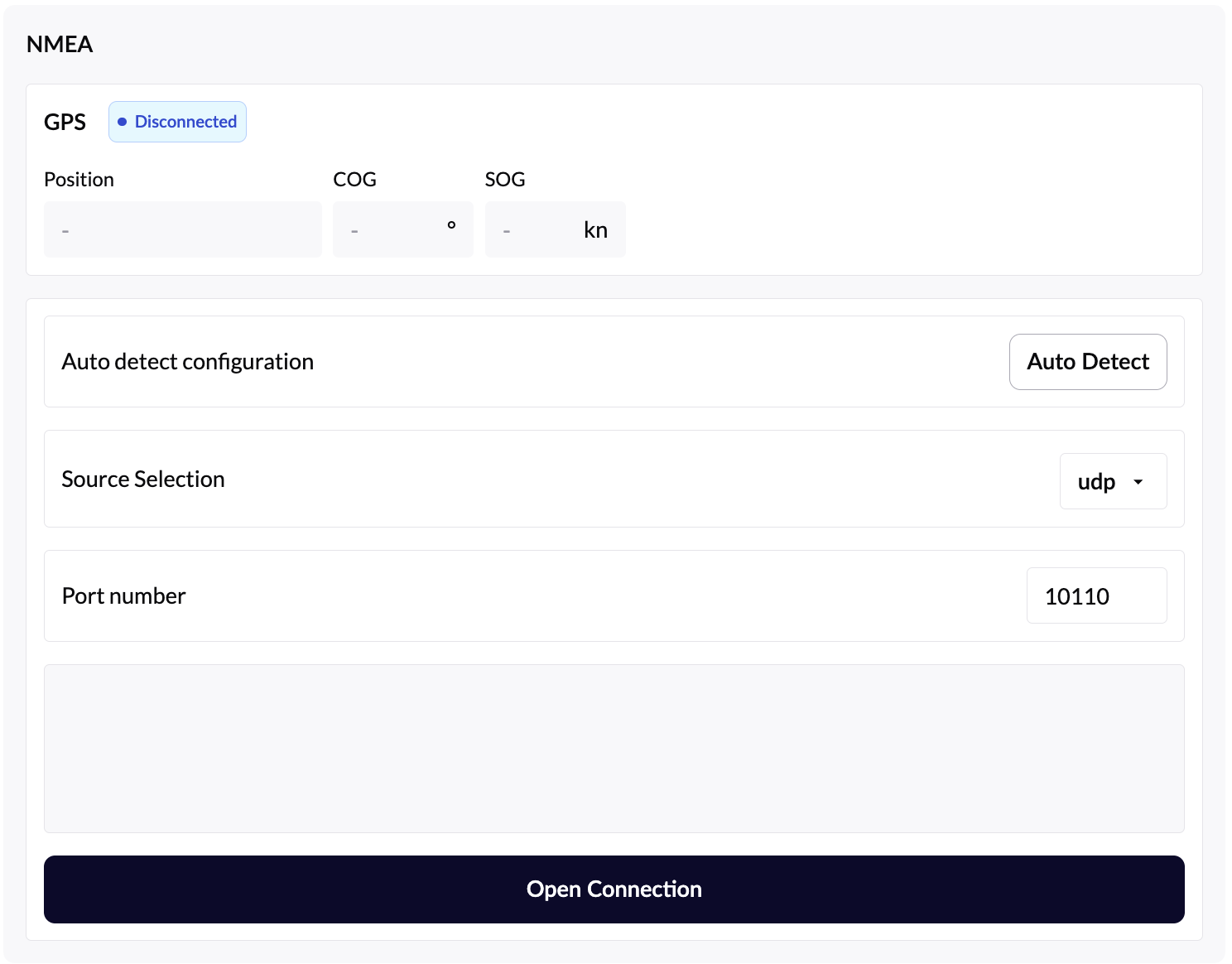 NMEA/GPS connection panel showing Disconnected status, live Position/COG/SOG fields, Auto Detect, and UDP source settings