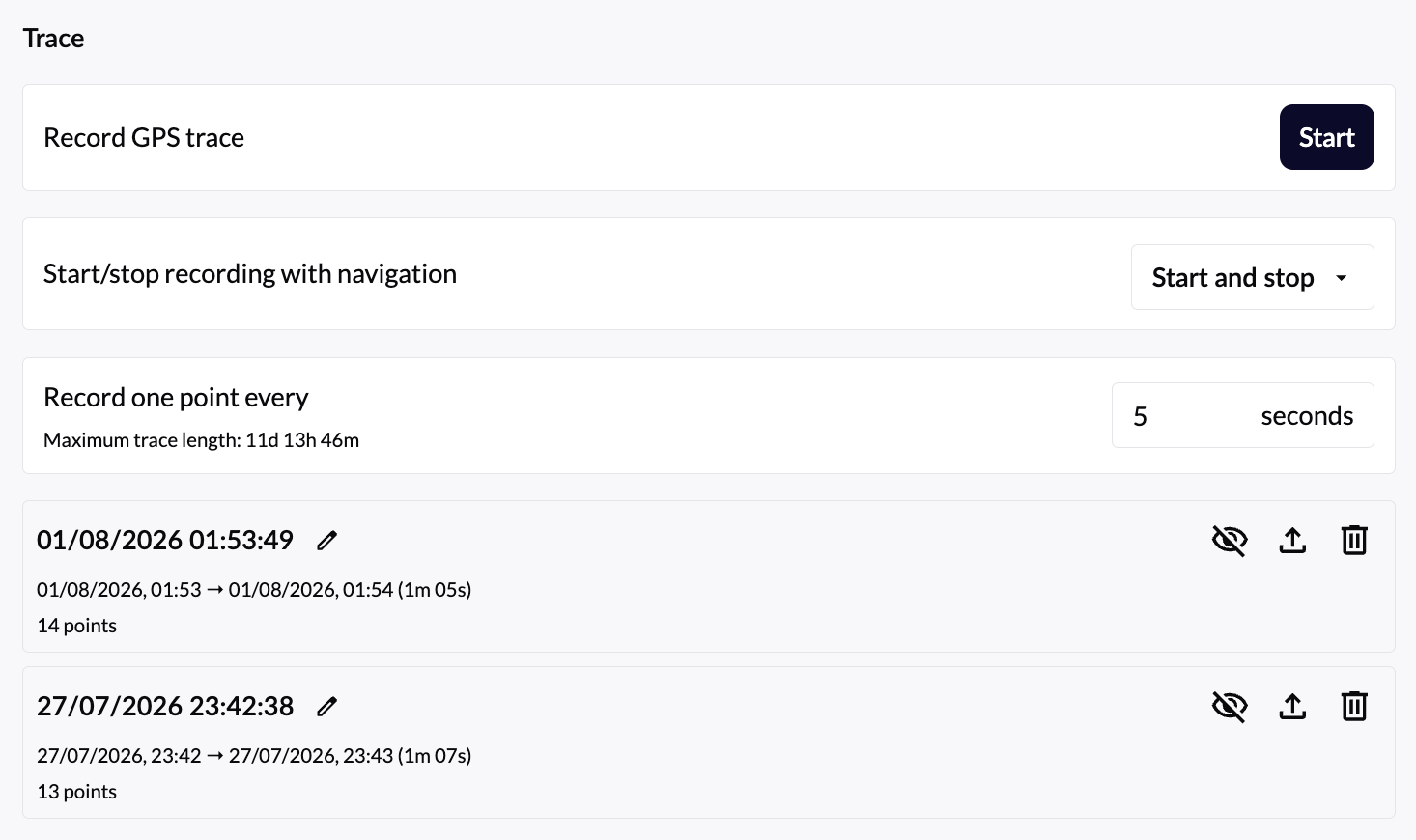 GPS Trace settings with Start recording, recording interval, and a list of saved traces with export/delete actions