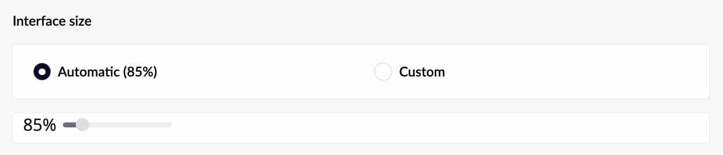 The Interface size settings with Automatic at 85 percent and a Custom option with a scale slider