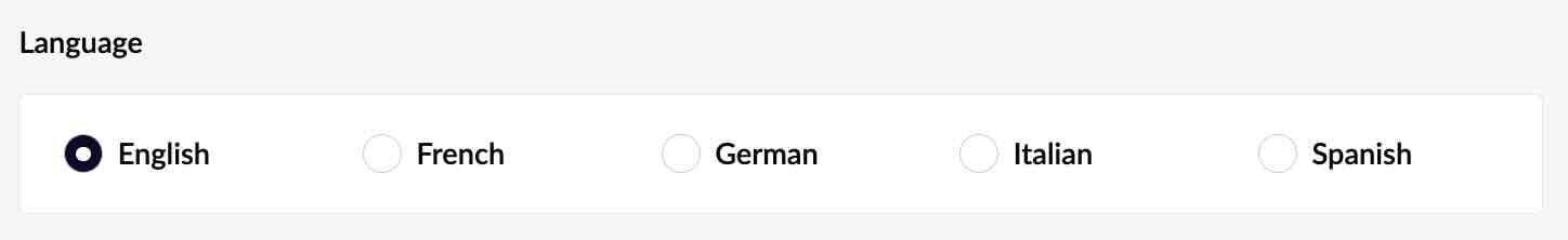 The Language settings with English, French, German, Italian and Spanish options