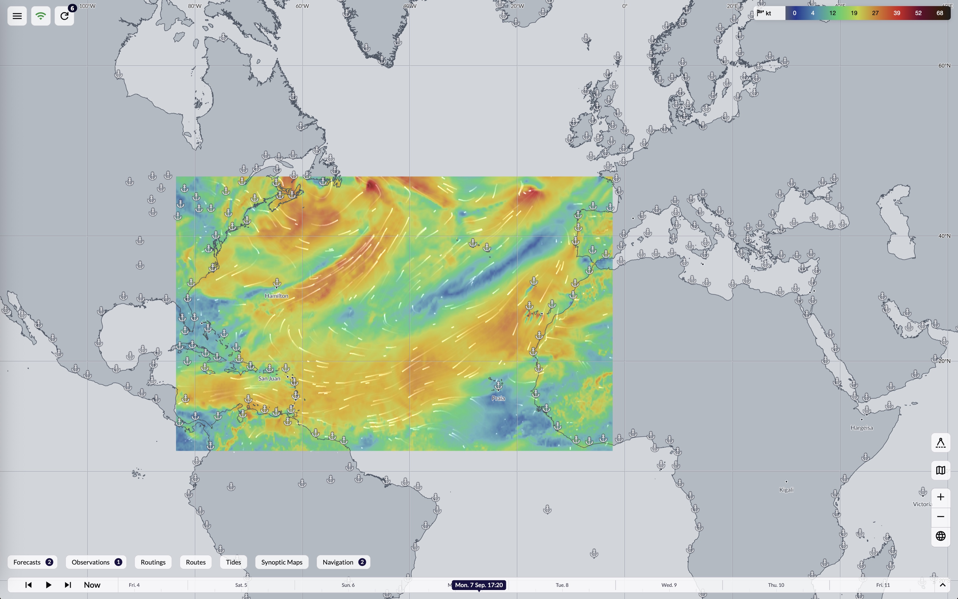 The map in Mercator (flat) projection, showing a wind heatmap with streamlines