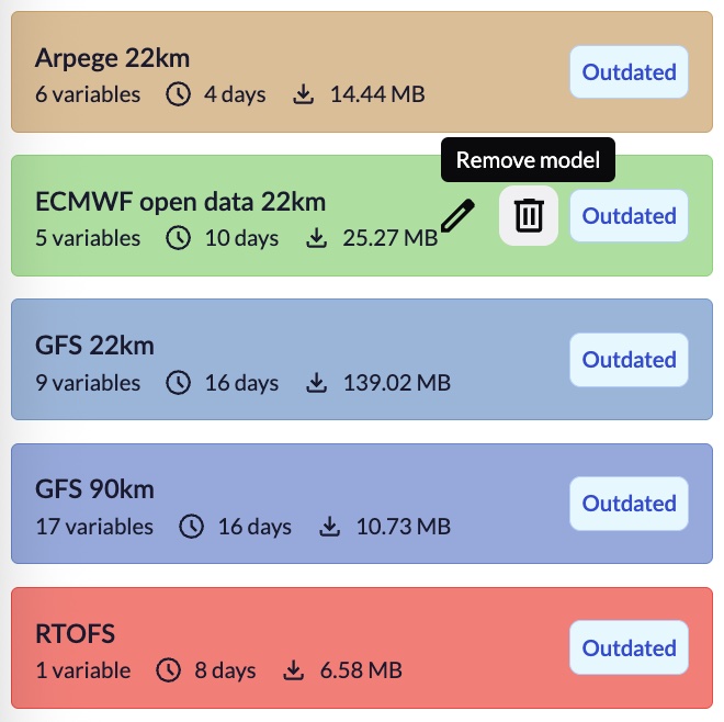Downloaded models list flagged Outdated, with a Remove model action on one of them