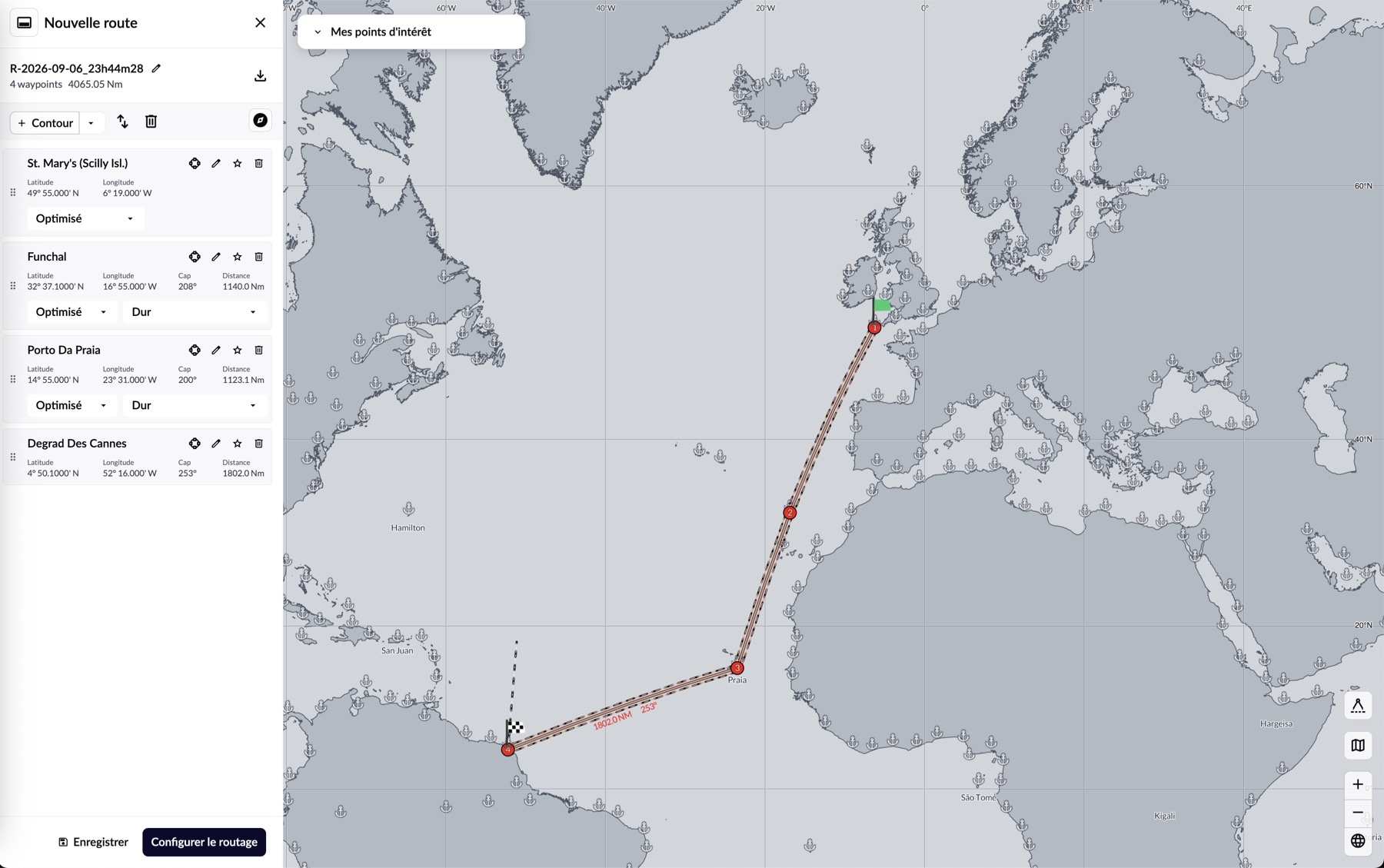 Route editor sidebar listing waypoints alongside the route drawn on the map