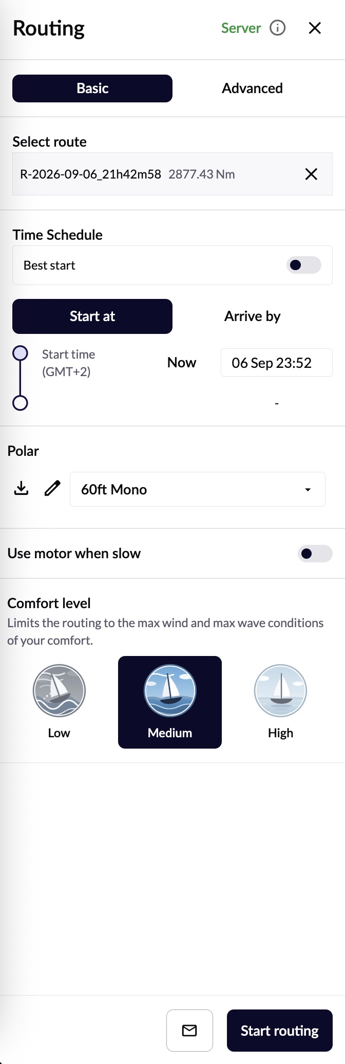 Basic routing panel with route selection, start/arrival schedule, polar and a Low/Medium/High comfort level
