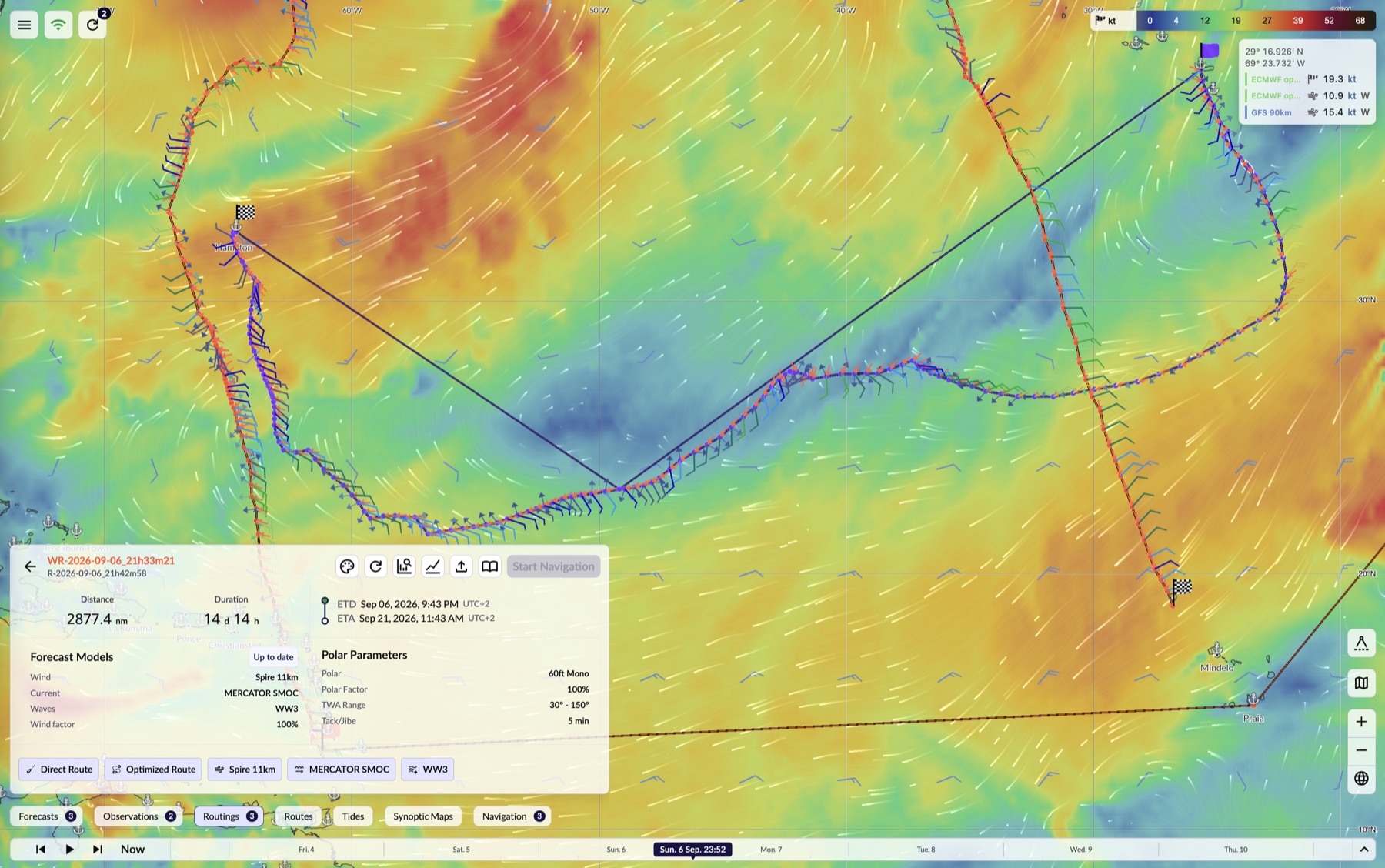 Calculated routing over a wind map, compared against the direct route with distance, duration and model details