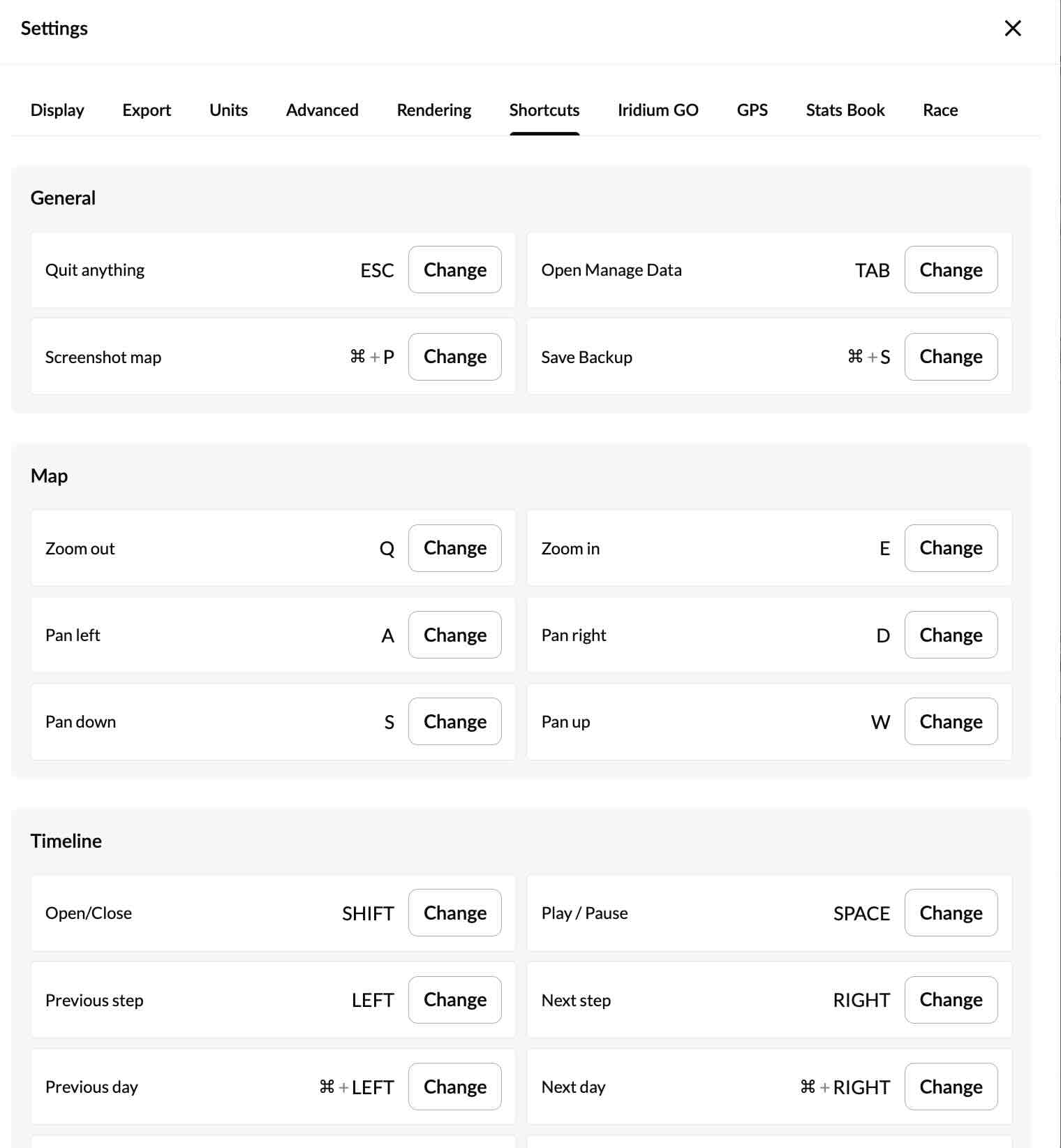 The Settings panel with tabs for Display, Export, Units, Advanced, Rendering, Shortcuts, Iridium GO, GPS, Stats Book and Race