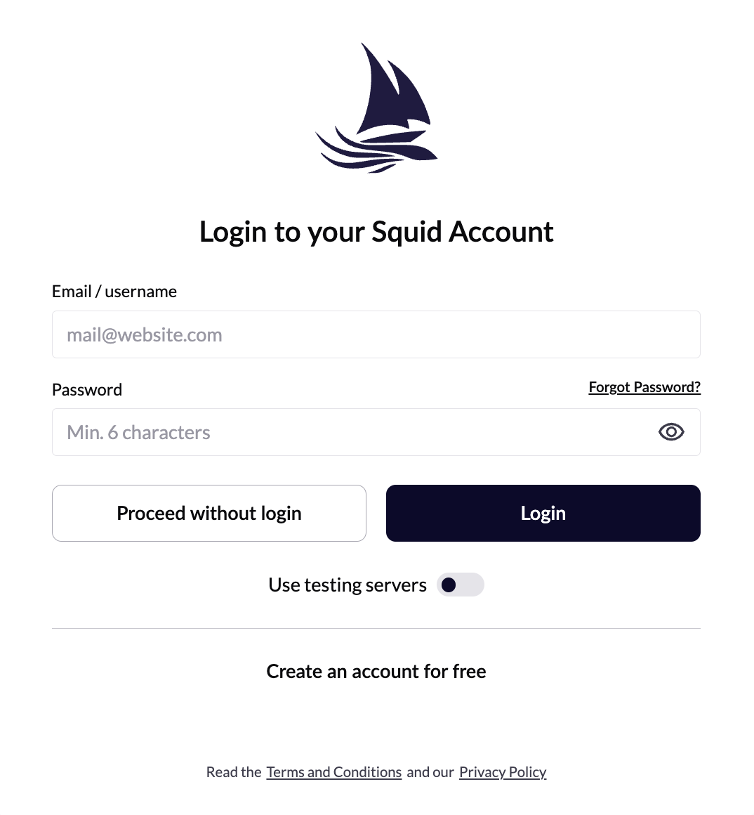 The Squid sign-in screen