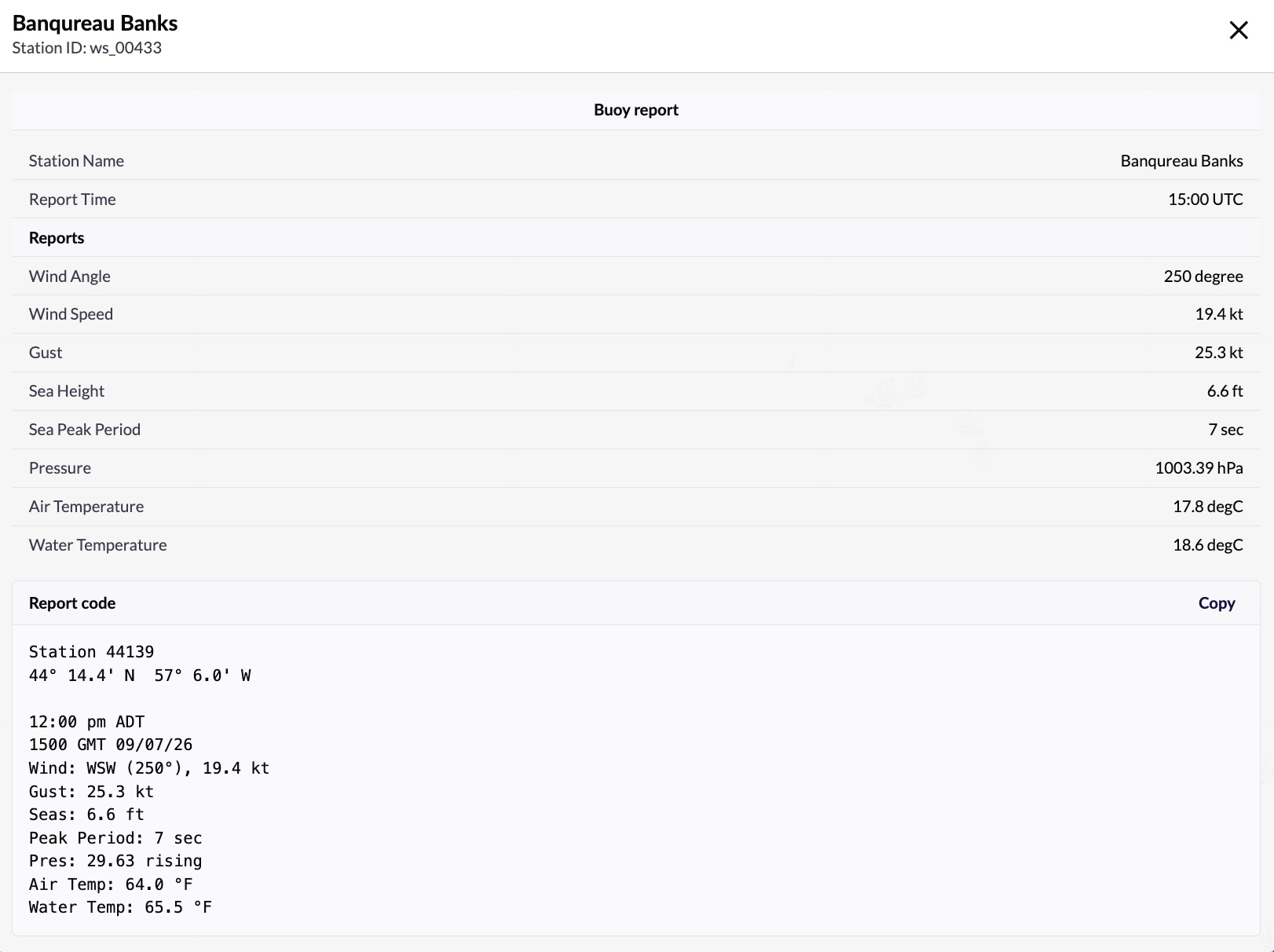 A buoy report popup showing station details, wind/sea/pressure/temperature readings and the raw report code