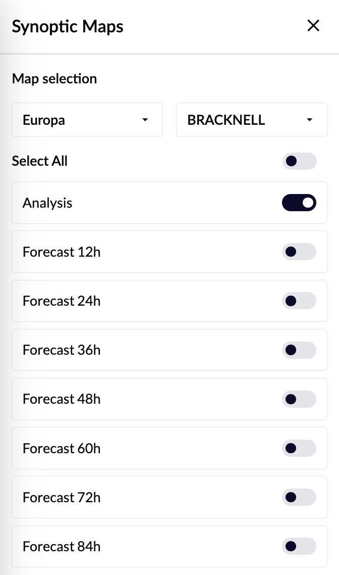The Synoptic Maps panel with area and source pickers and a list of chart types to enable