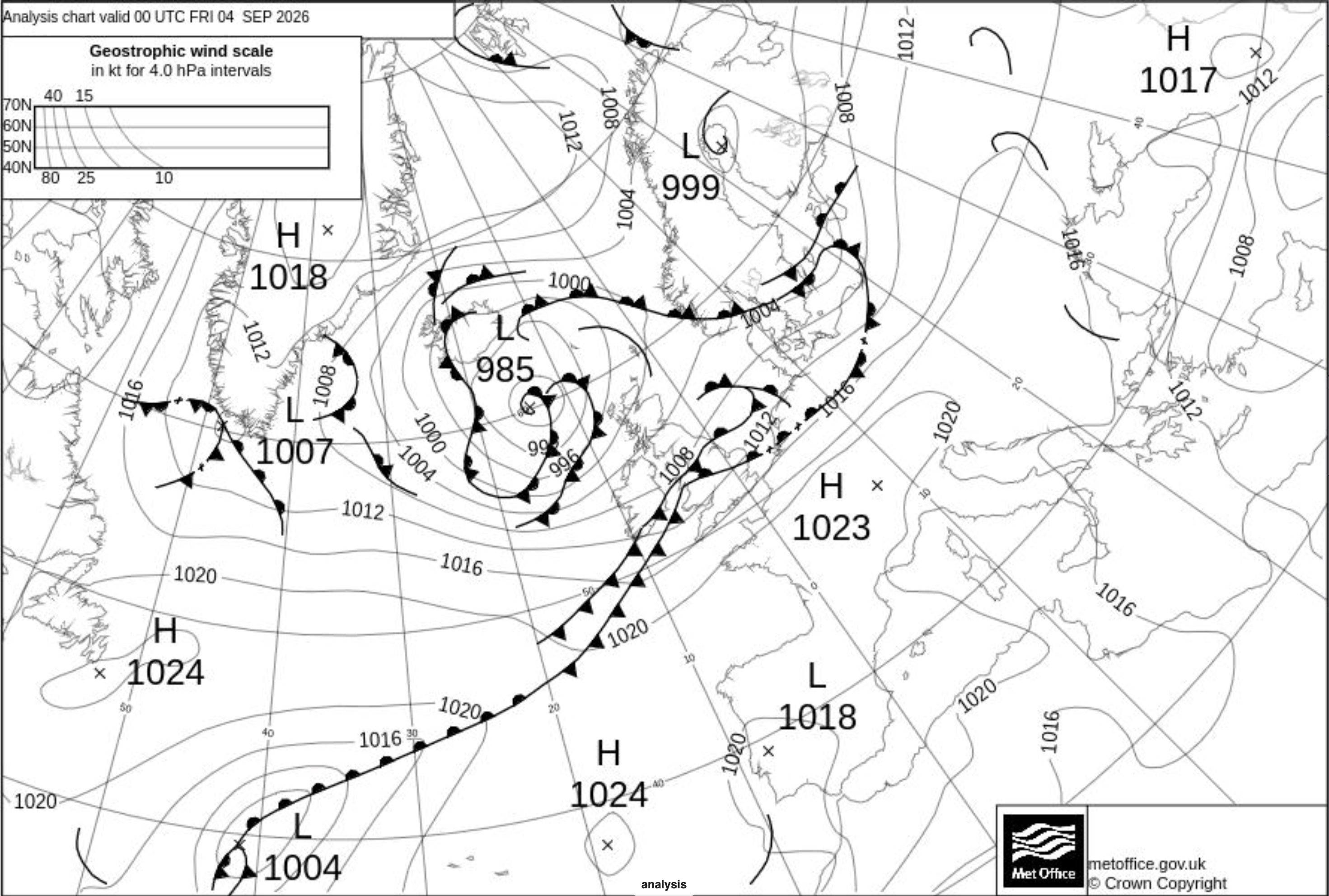 An open synoptic analysis chart, showing pressure systems, fronts and the geostrophic wind scale