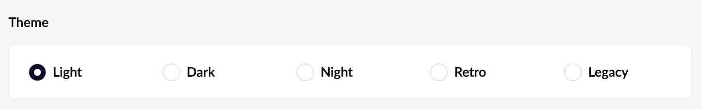 The Theme settings with Light, Dark, Night, Retro and Legacy options