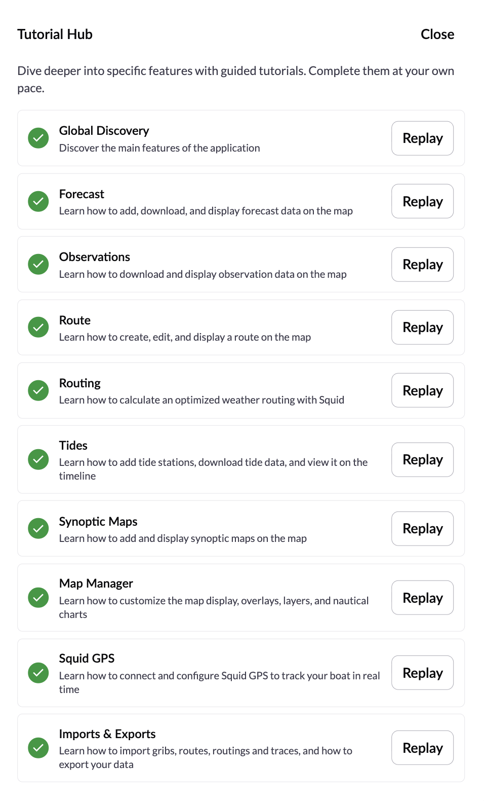 Tutorial Hub listing guided walkthroughs per feature