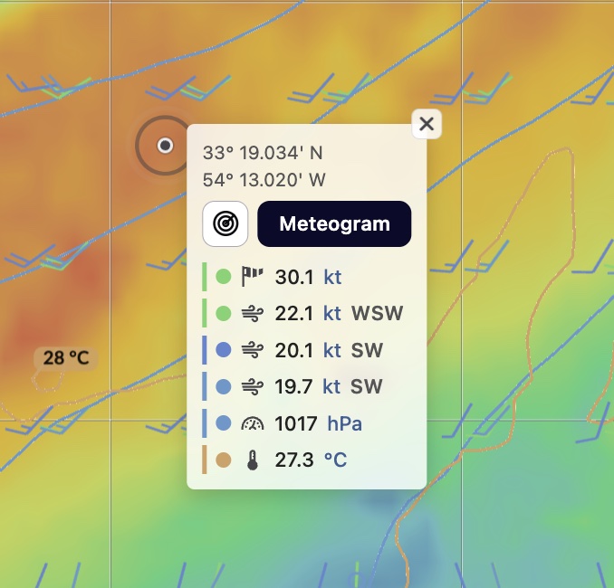 The weather probe popup showing position, a Meteogram button and per-variable readings