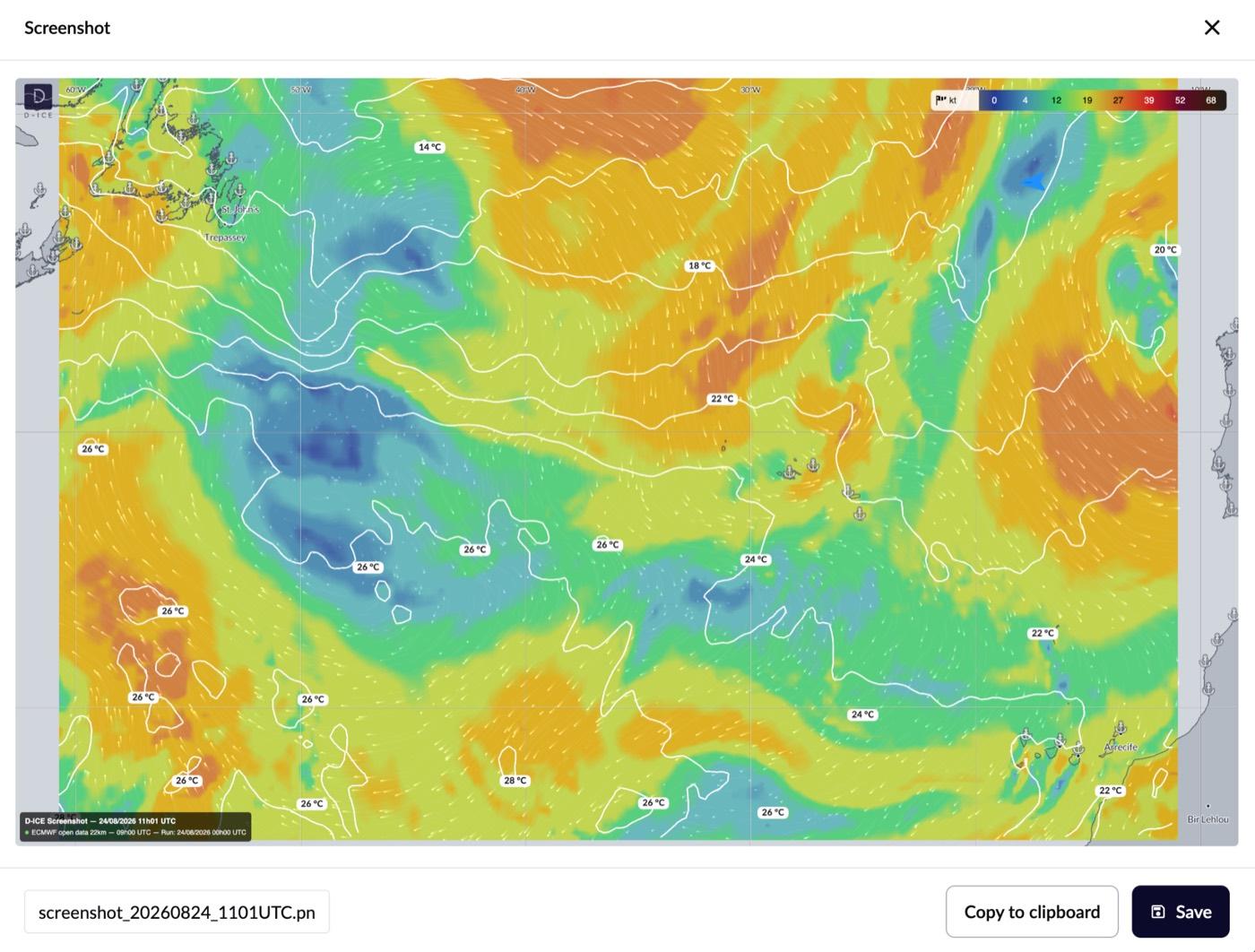 Wind-speed heatmap with temperature isolines